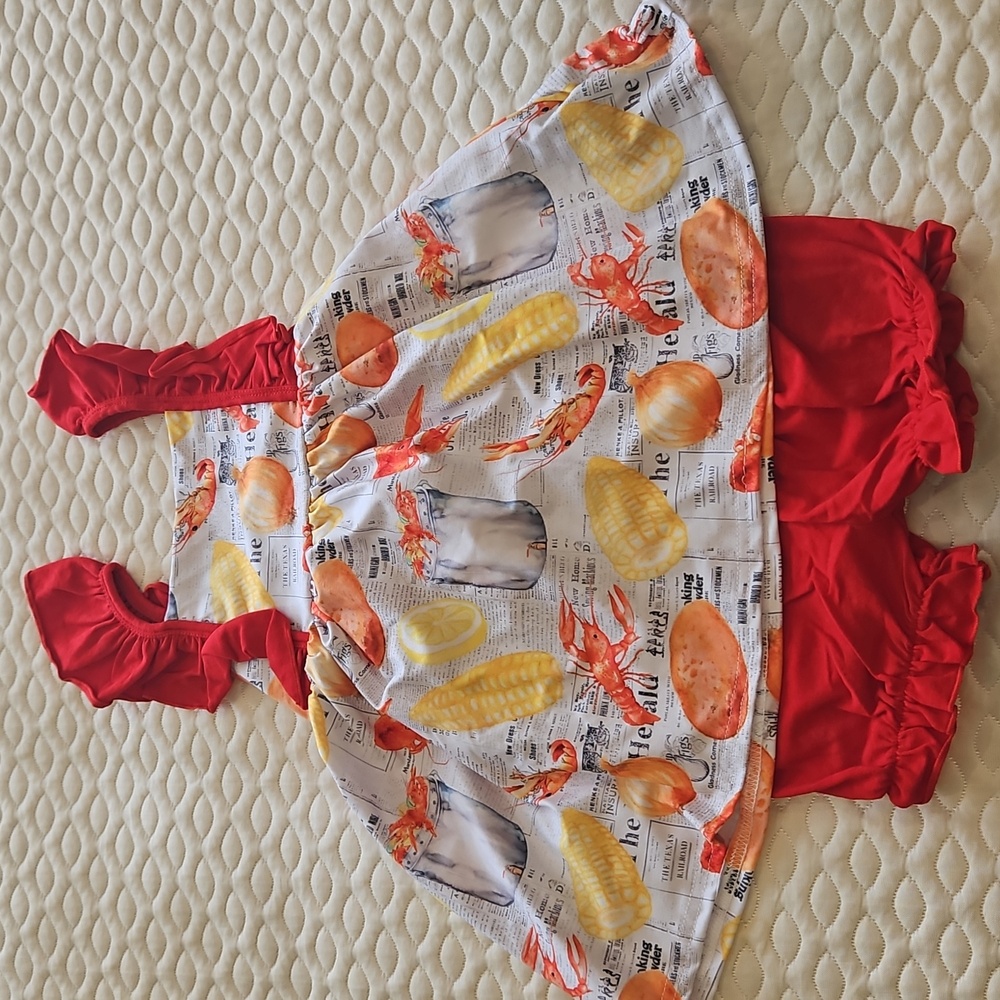 Colorful Crawfish Boil Print Set with Red Ruffle Straps And Bloomers